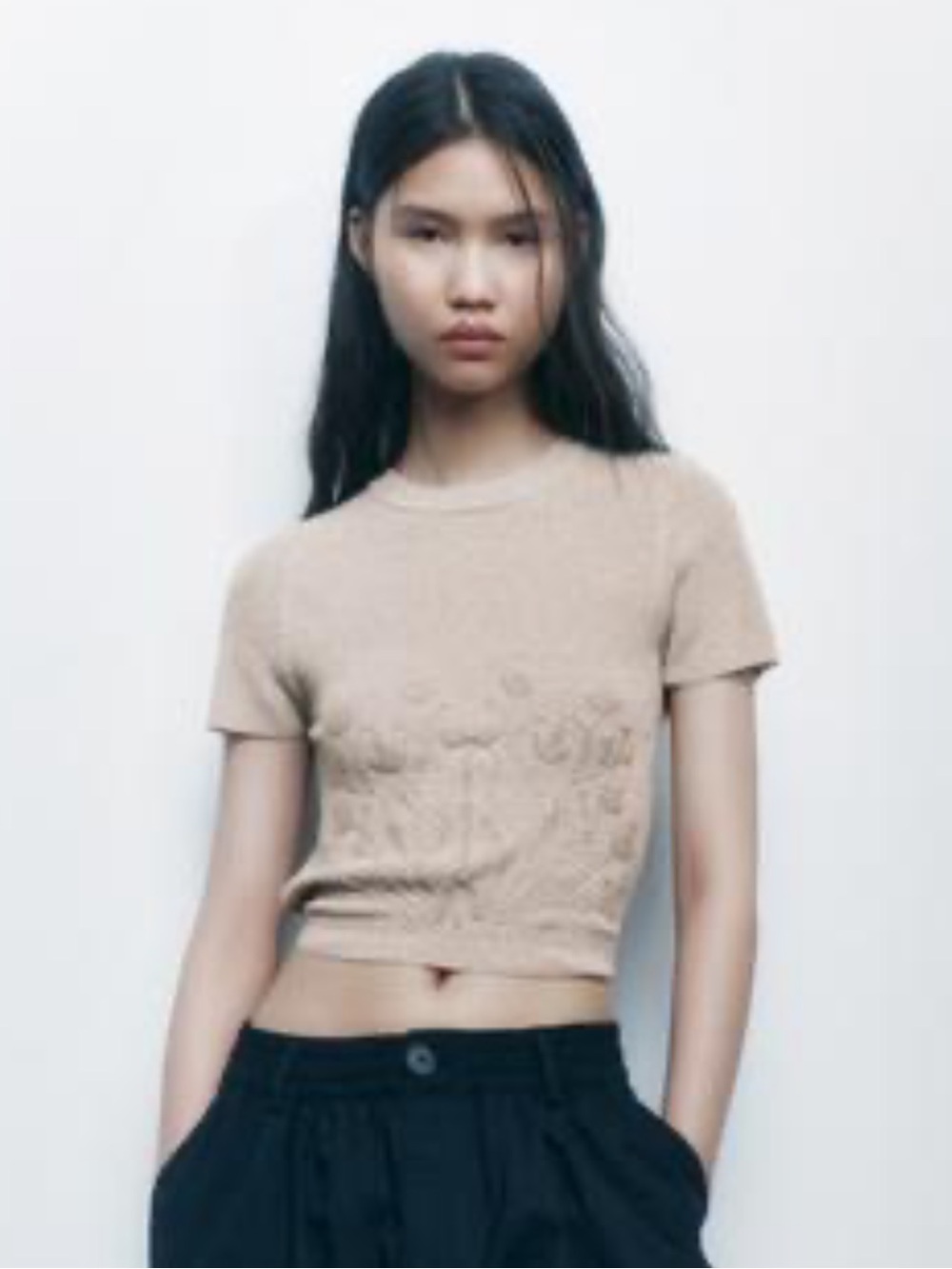 ZARA Beige Short-Sleeve Knit Top with Embellished Floral Motif